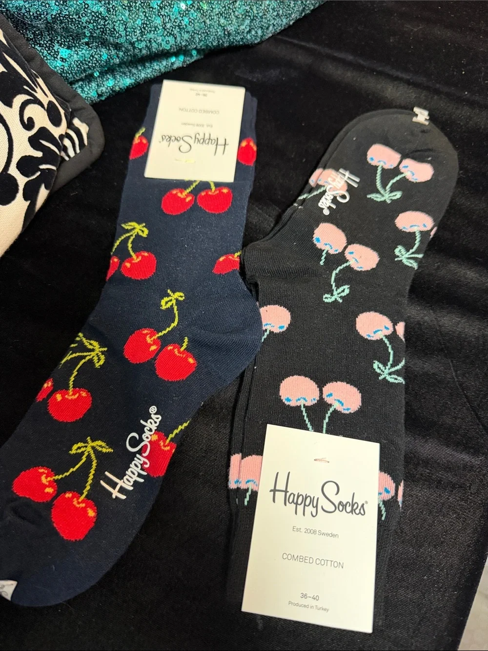 Happy Socks Cherry Crew Socks - Navy & Black with Red and Pink Cherries